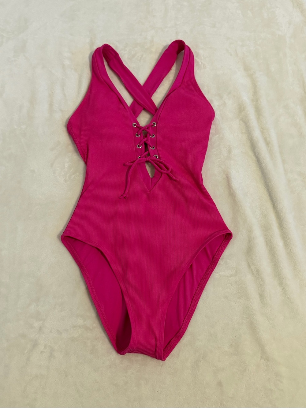 BECCA Size Medium Fuchsia / Hot Pink Lace-Up Crossback One-Piece Swimsuit